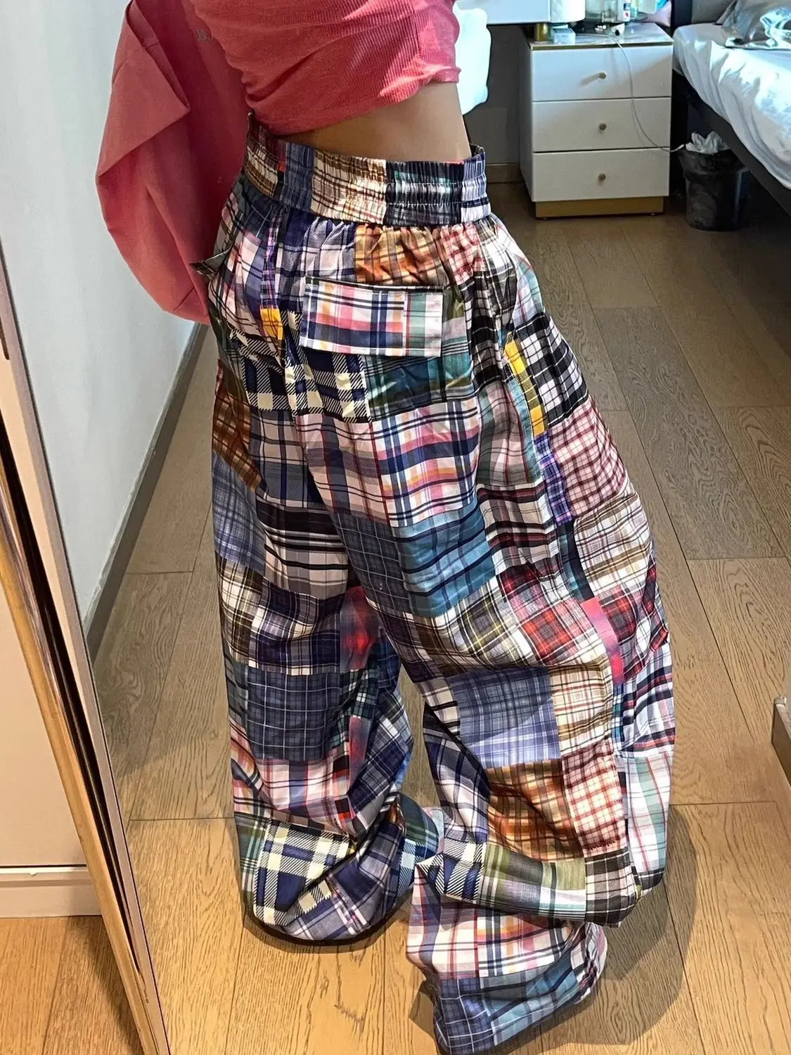 New design sense niche American retro color checkered wide-leg pants women's versatile checkered floor-length pants