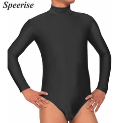 Spandex Turtle Neck Leotard Mens Long Sleeve Gymnastics One Piece Bodysuit Costumes Zipper Back Dance Practice Clothes Dancewear