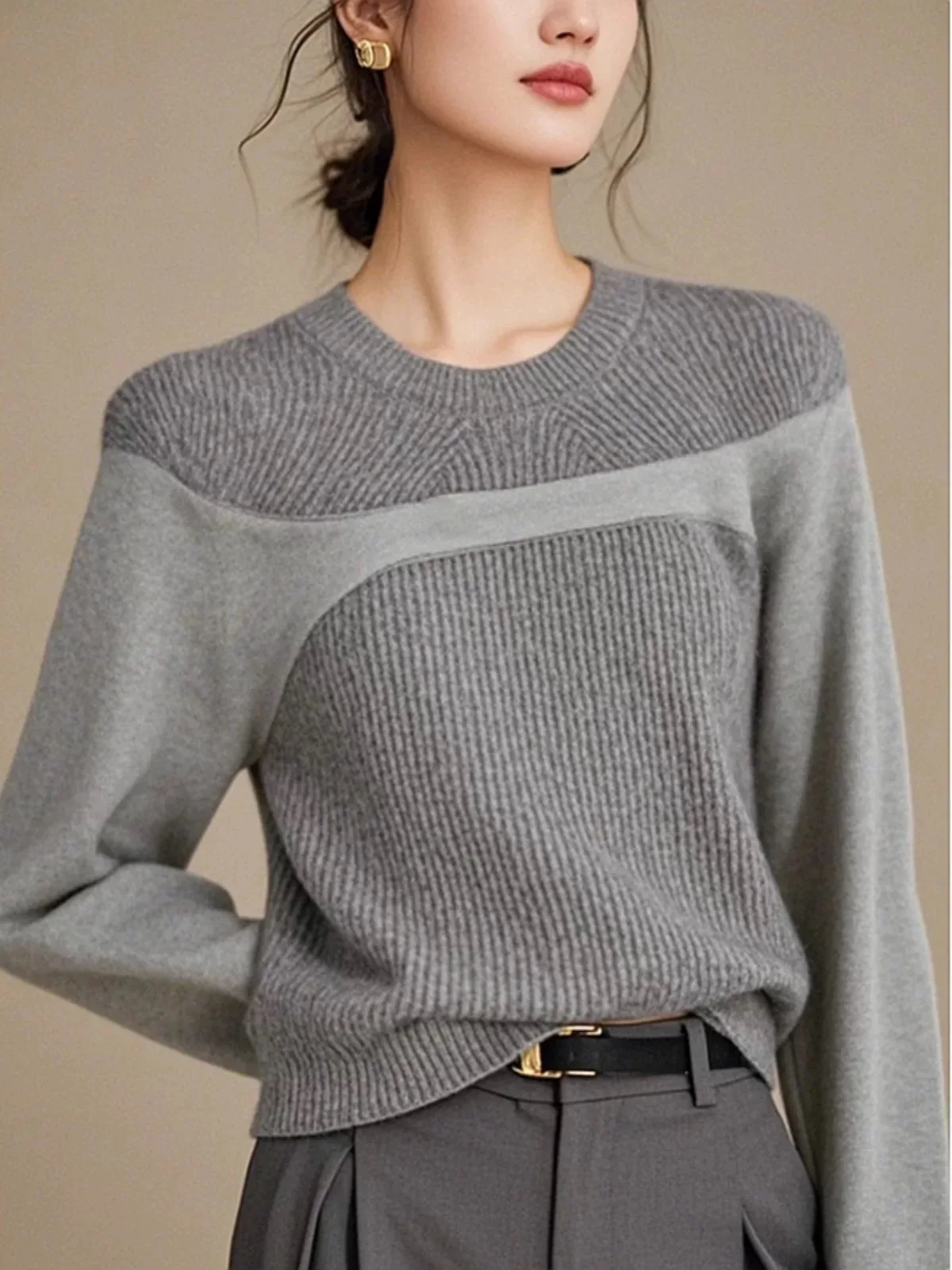ey Splice Strickpullover Damenrock Sle Long Sve Round Ne Regular Fit Pendeln Sle OL Faion 2024 Neu eingetroffen