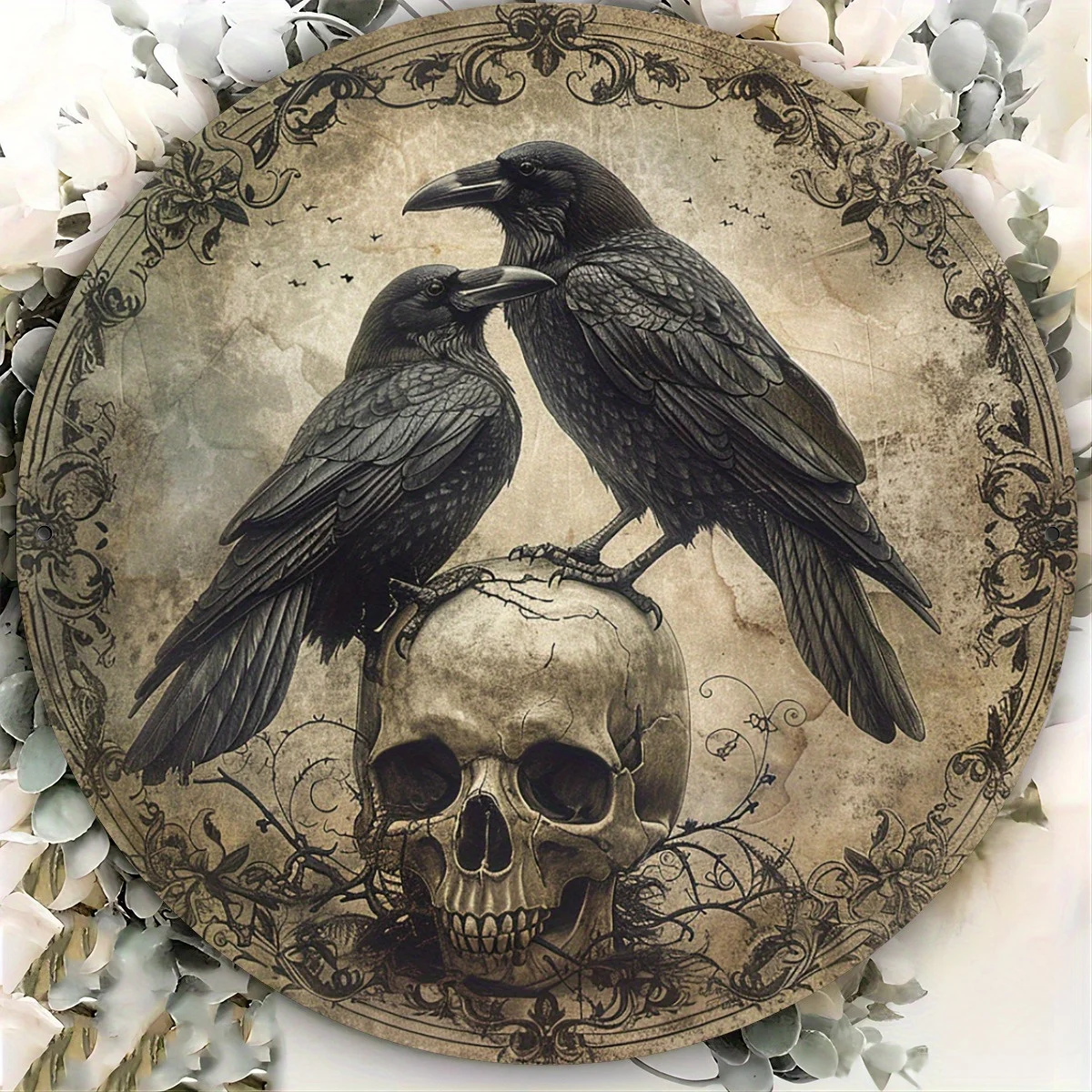 Gothic Raven & Skull Metal Wall Art, 7.87 Round Vintage Decorative Sign with Ornate Border, Home & Cafe Wall Decor