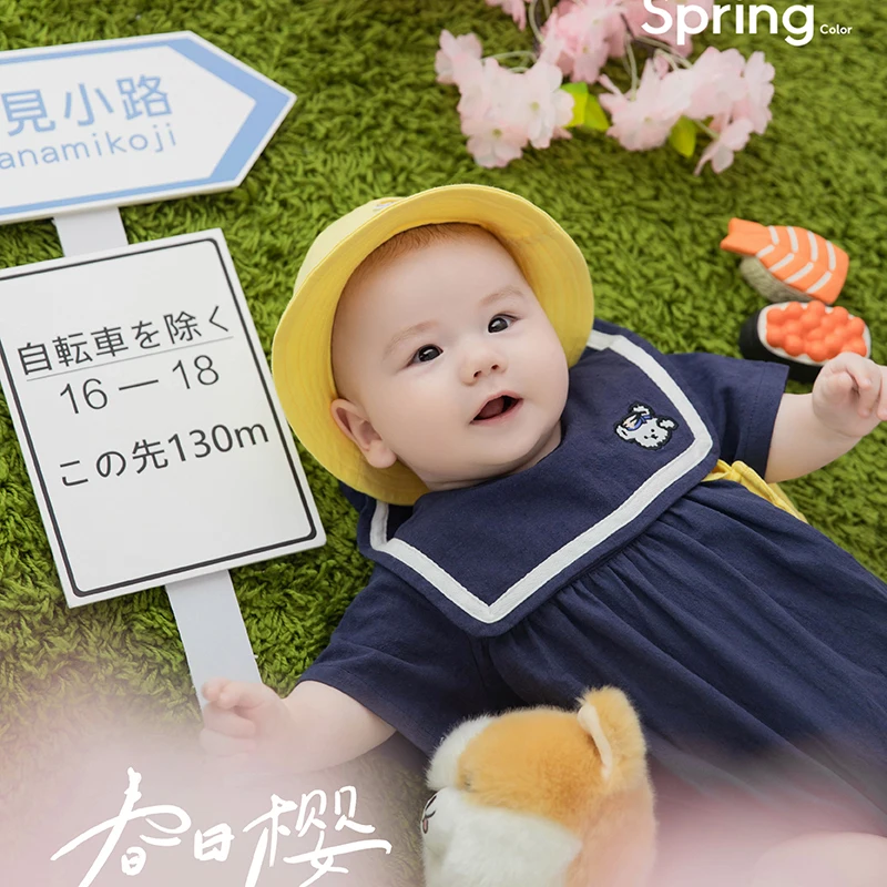 Sakura temporada de admisión accesorios de fotografía de bebé de estilo japonés, uniforme de jardín de infantes, lindo muñeco cachorro, accesorios de tiro para bebé