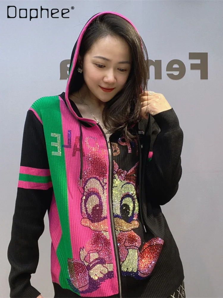 Hooded Long-Sleeved Knitted Cardigan Female 2024 Spring Autumn Women's Clothing Heavy Industry Cartoon Rhinestone Zipper Coat