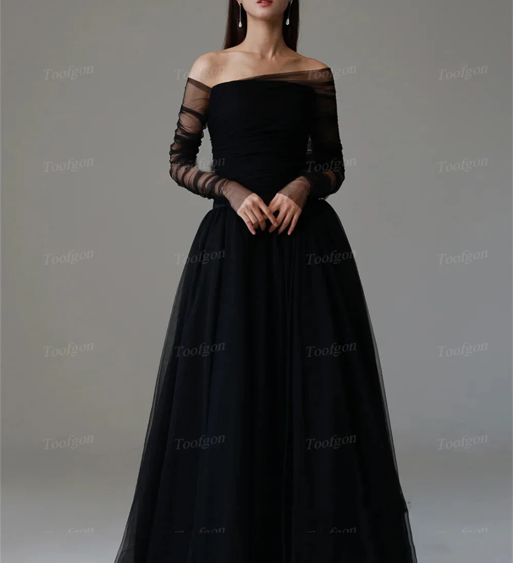 Black Korea Lady Prom Dresses Corset Back Off Shoulder Long Sleeves Formal Evening Party Gowns Wedding Photo Shoot Customized