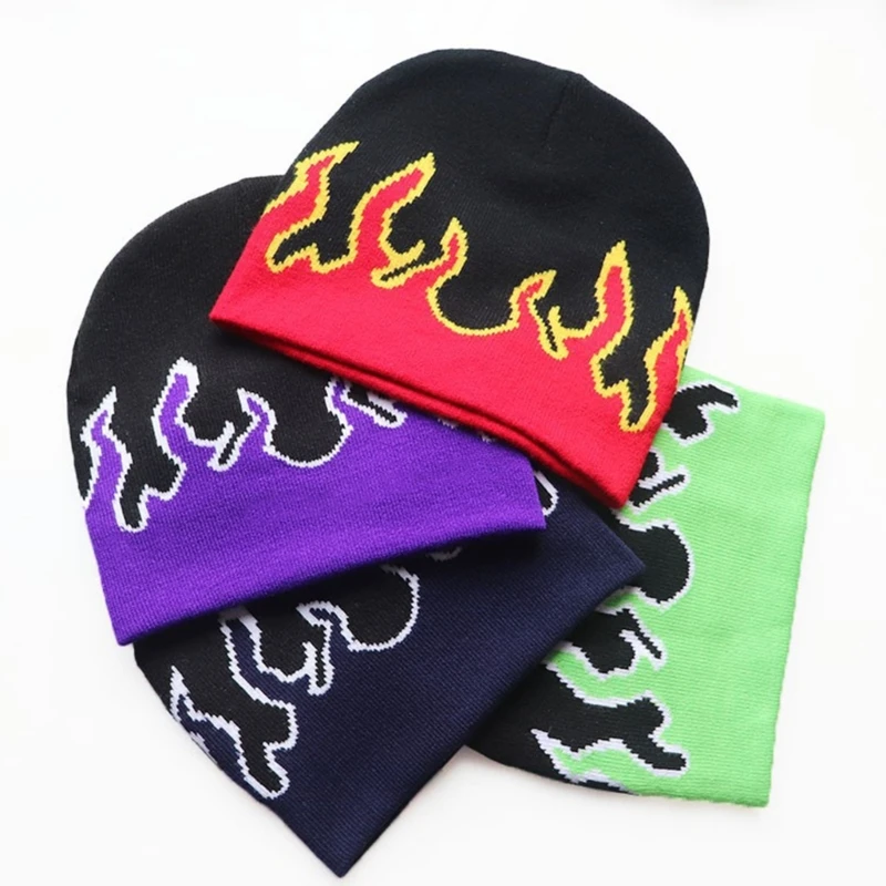 Y2K Beanies Flame Beanie Knit Beanie Hat Fire Flame Beanie Slouchy Beanie Graphic Beanie Skullies Beanie Flame Skull Cap