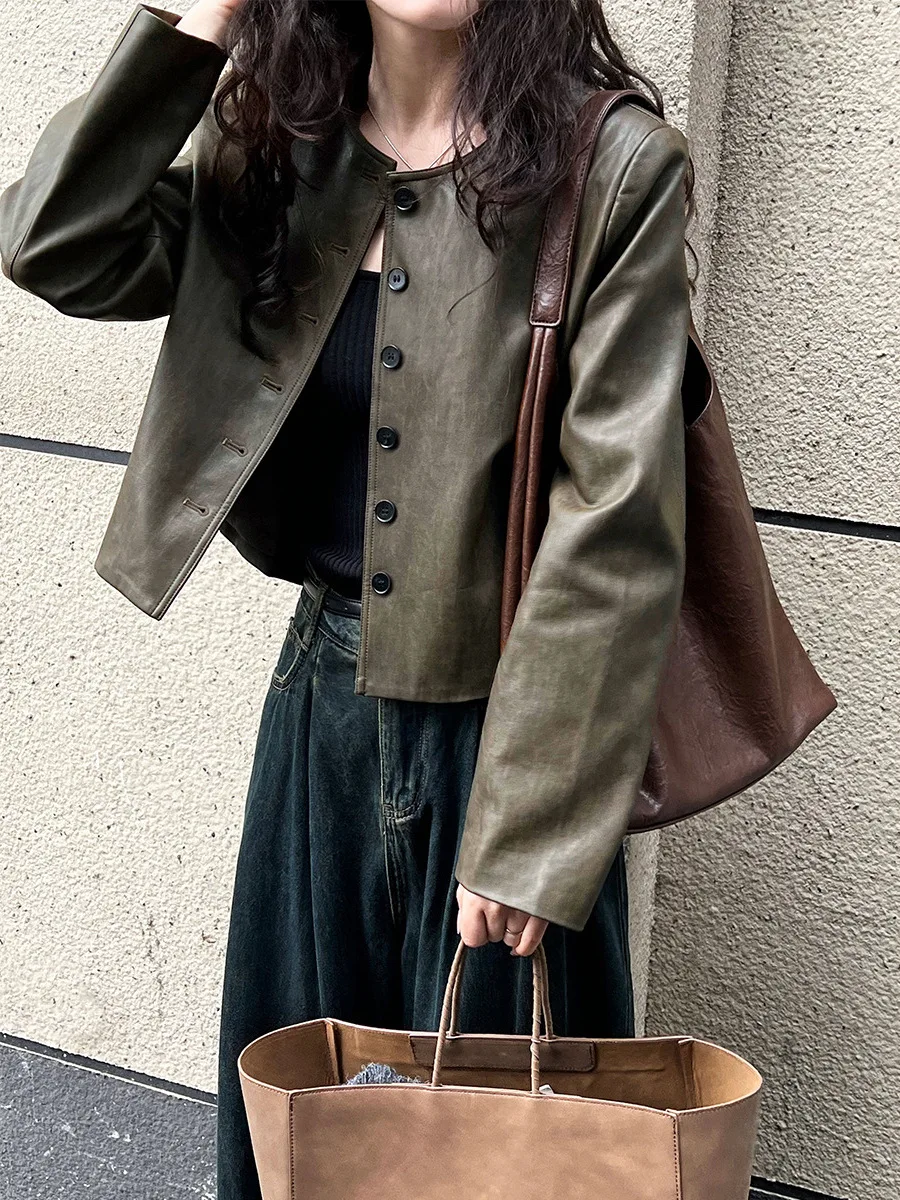 

Retro round Neck Short PU Leather Jacket Women's Spring Single Button Coat Small Size Jacket Outerwear Casual Loose Fit