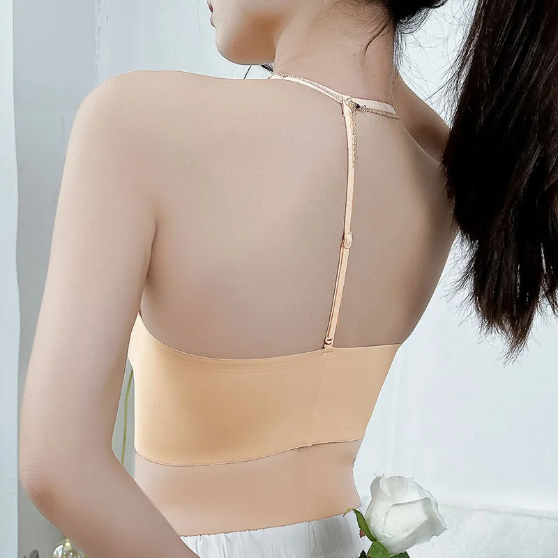 

Beautiful Back Underwear Summer Hanging Neck Sexy Camisole Bra One Piece Fixed Cup Seamless Bra Without Rims For Women