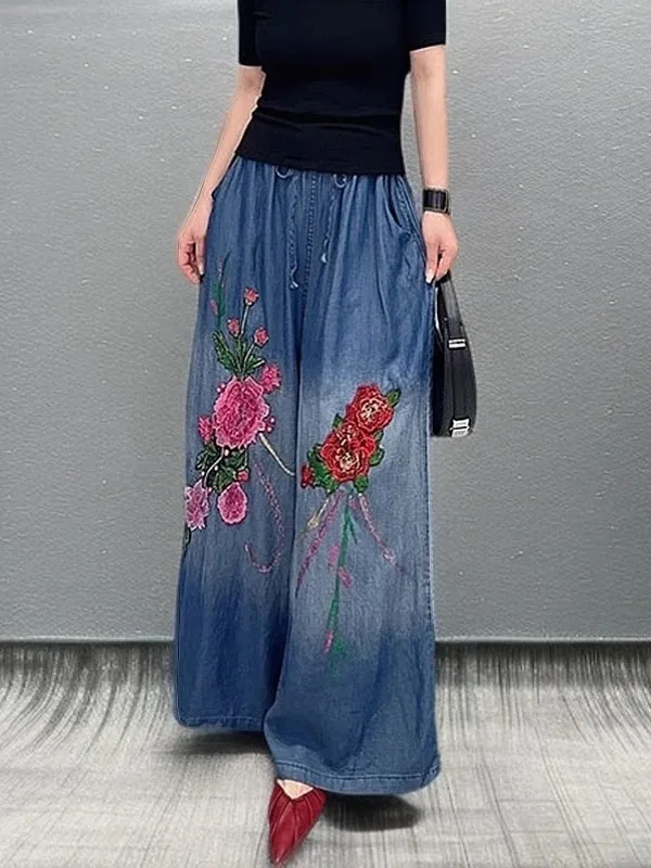 

Новые весенние джинсы с широкими штанинами, высокой талией, эластичным поясом, свободного кроя, с цветочной вышивкой, повседневные, синие, женские, премиум-класса