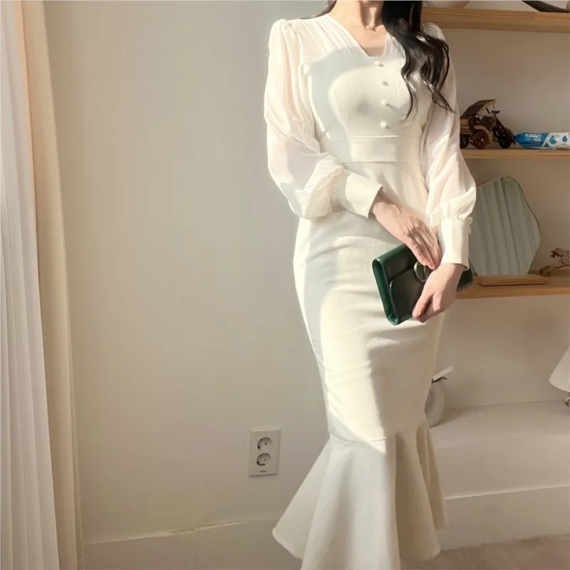 Korean Fashion Bodycon Midi Dresses for Women Mesh Patchwork Long Sleeve Fishtail Office Lady Mermaid Party Dress Slim Mermaid