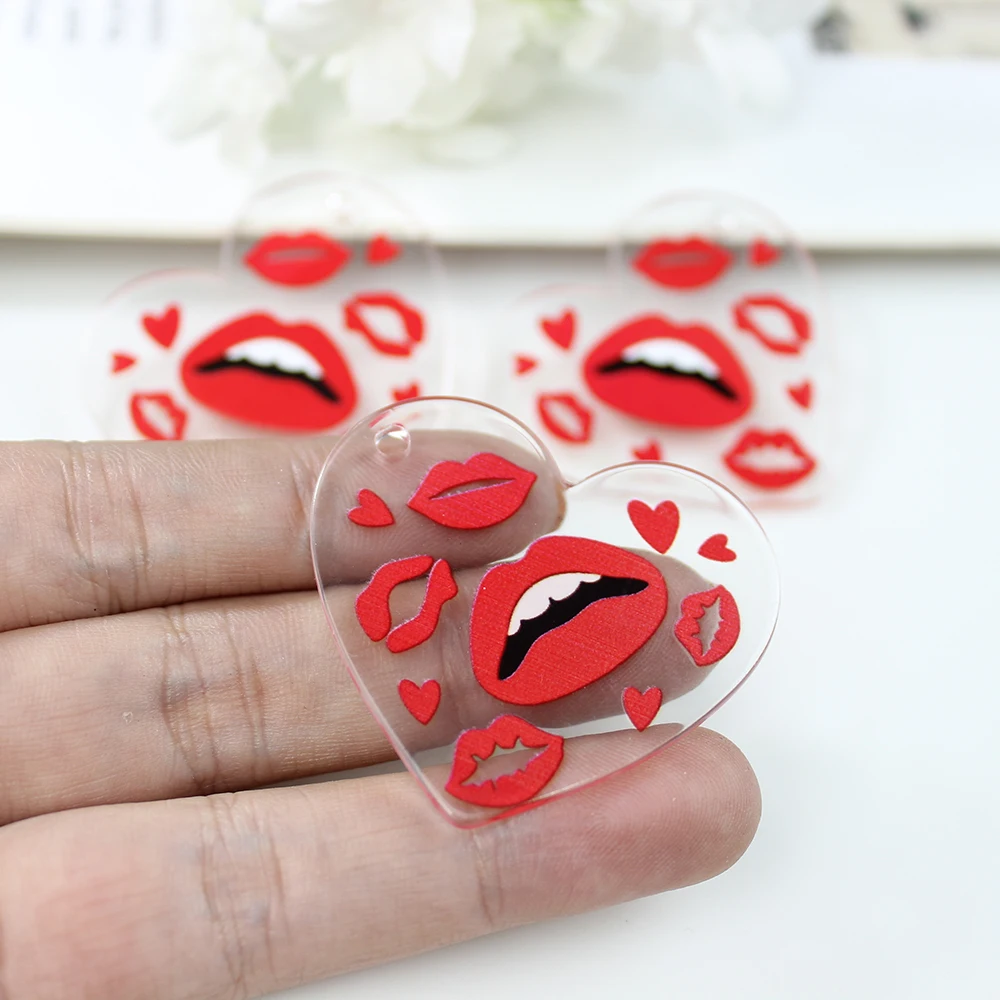 10Pcs/ Acrylic Valentine Day Sexy Heart Red Lip Kiss Me Mouth Charm Pendant For Diy Earring Necklace KeyChain Jewelry Making