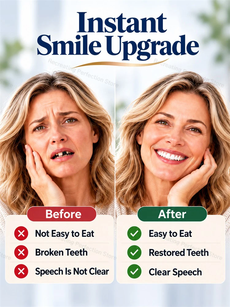 Full Set Natural Dentures Upper & Lower Silicone Fake Teeth Braces Comfort Fit Instant Confidence Smile Oral Care For Men Women
