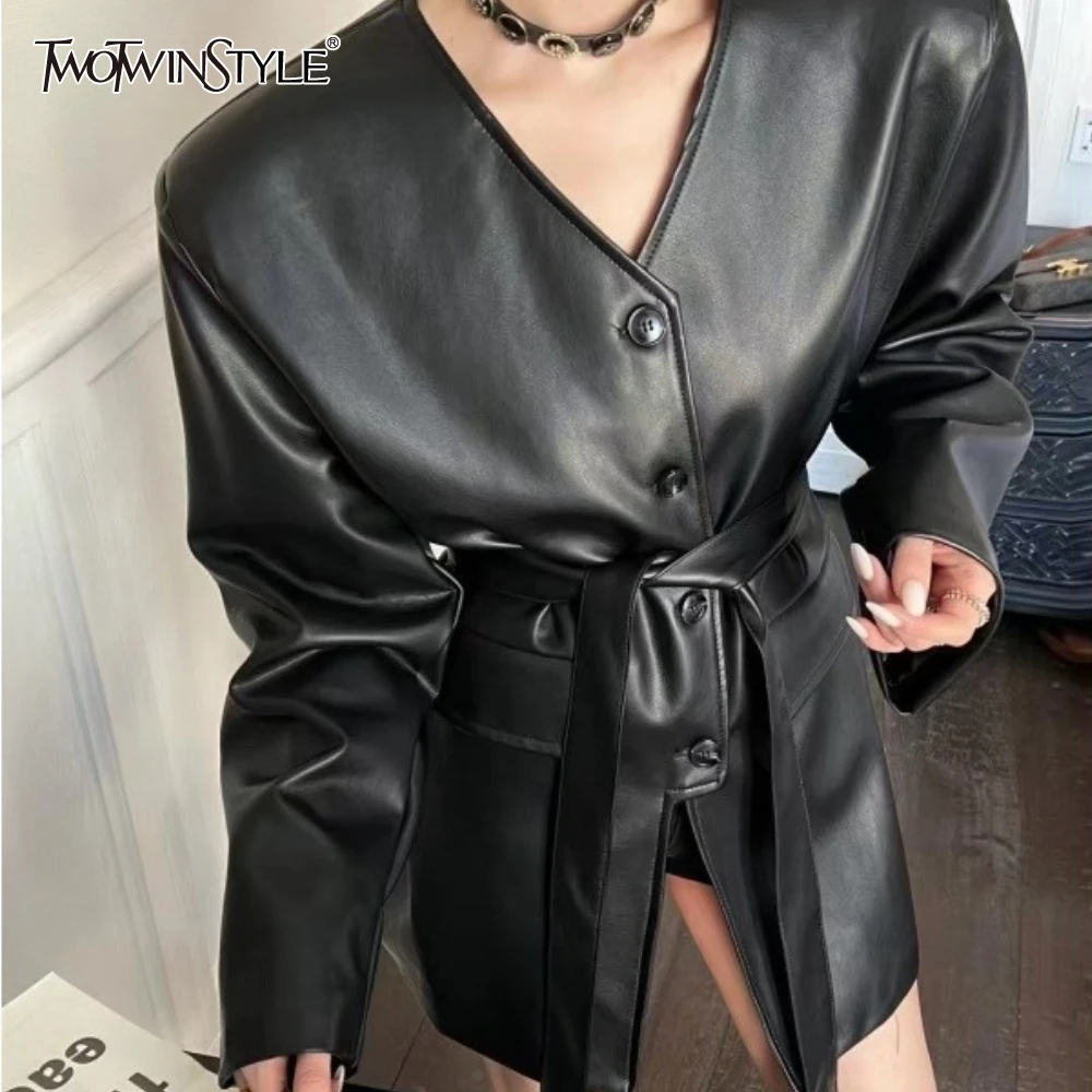 

TWOTWINSTYLE Black Spliced Lace Up Leather Jacket Female V Neck Long Sleeve Slimming Hot Girl Women's Jackets Autumn Fashion New