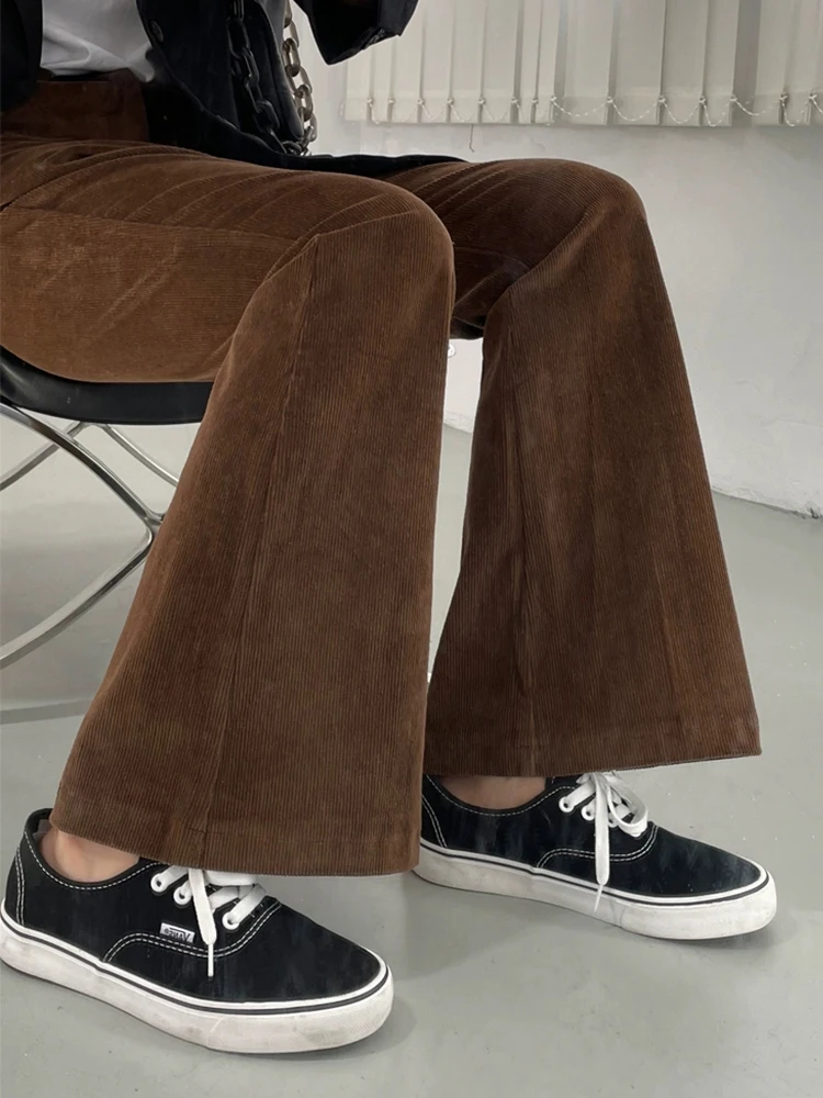 Spodnie damskie PBAP Retro Corduroy Solid Bootcut, dopasowane, elastyczne, długie spodnie z wysokim stanem, dzwony, eleganckie do biura, codzienne ubrania.
