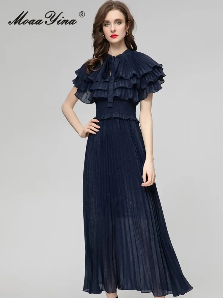 MoaaYina Spring Fashion Runway Navy Blue Vintage Pleated Dress Women O Neck Ruffles Frenulum High Elastic Waist Slim Long Dress