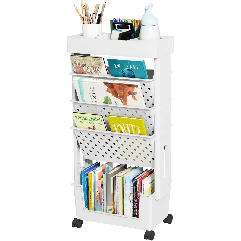 

5-Tier Mobile Bookshelf, Rolling Bookcase Book Storage Rack, Movable File Folder Organizer Cart with Wheels for Home Study