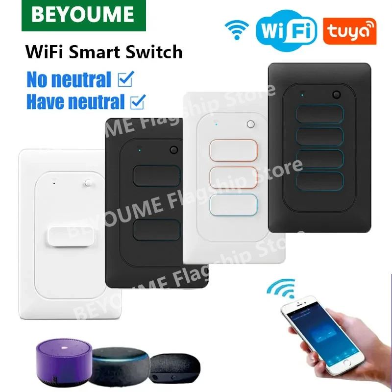 

Tuya WiFi Smart Light Switch US Wall Button Switches No Neutral Required Single Fire 1/2/3/4 Gang Work with Alexa Google Home