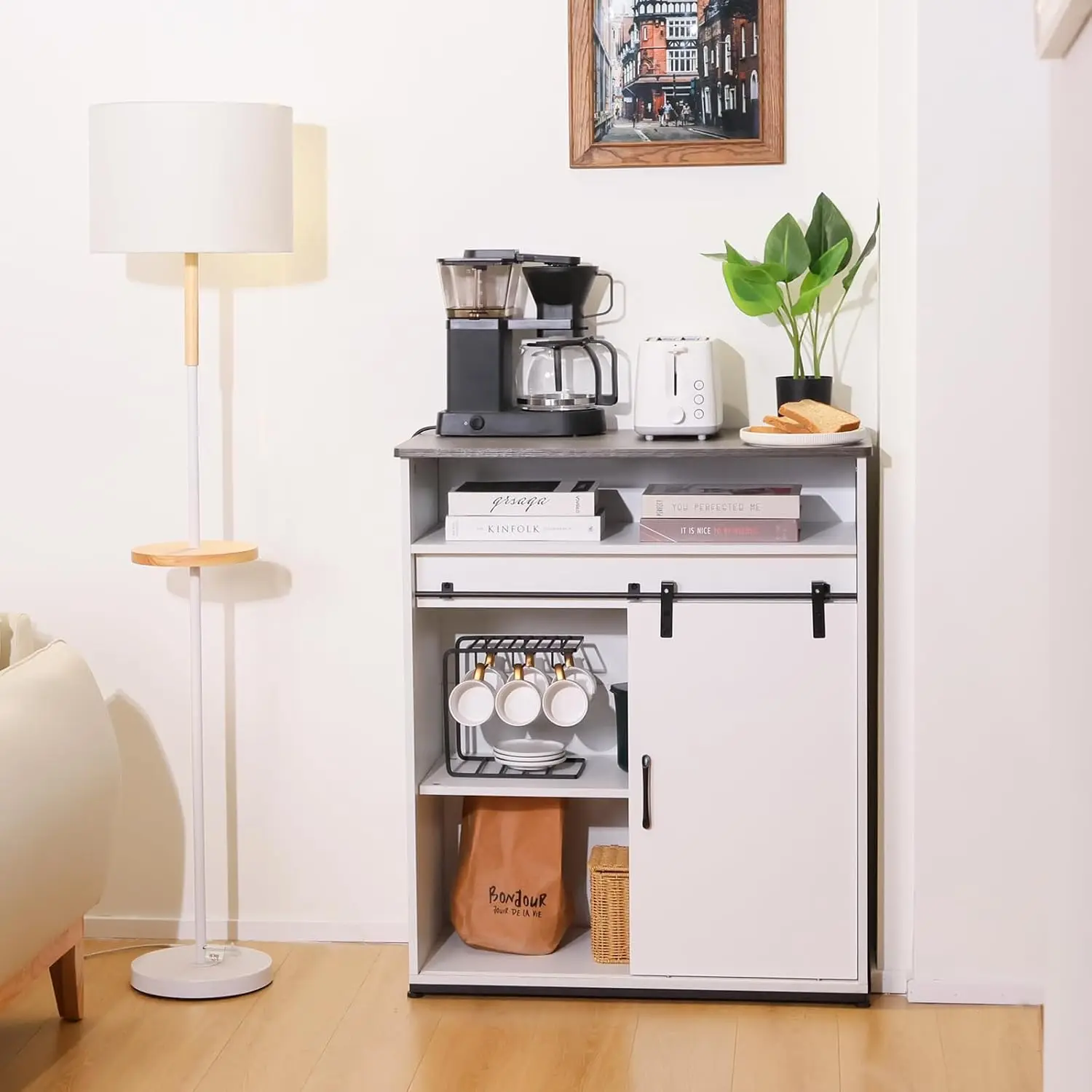 Mueble/mesa para cafetería, aparador tipo buffet de 32" con puerta corrediza de granero y estantes de almacenamiento, cocina de madera de granja