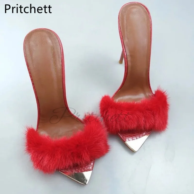 Metal Toe Faux Fur Stiletto Women's Slippers Sexy Fashion 12Cm Pointed Toe High Heeled Red Black Runway Shoes Summer Sandals