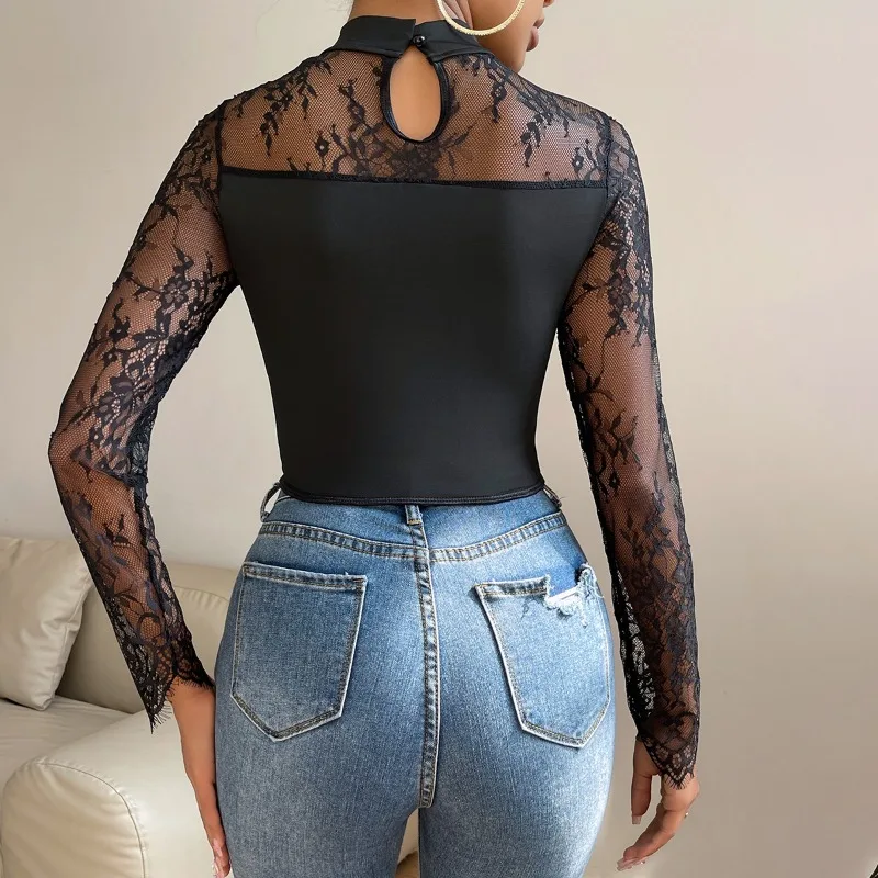 CHUANGERM Sexy Lace Embroidery Hollowing Mesh See Through Long Sleeve Backless Slim Blouses Y2K Fishbone Skinny Crop Top Women