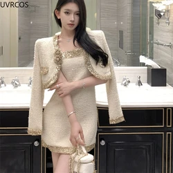 Korean Style Elegant Vintage Two Piece Set Women Sweet Woolen Short Jackets Flower Slim Mini Dresses Suit Female Fashion Outfitn