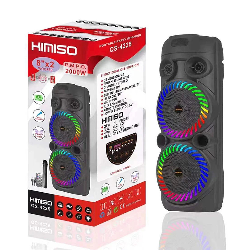 Kimiso QS-4225 New Double 8inch Horn Speaker 2000W Peak Value Big Power Multi Function Karaoke Bluetooth Speaker With Remote/mic