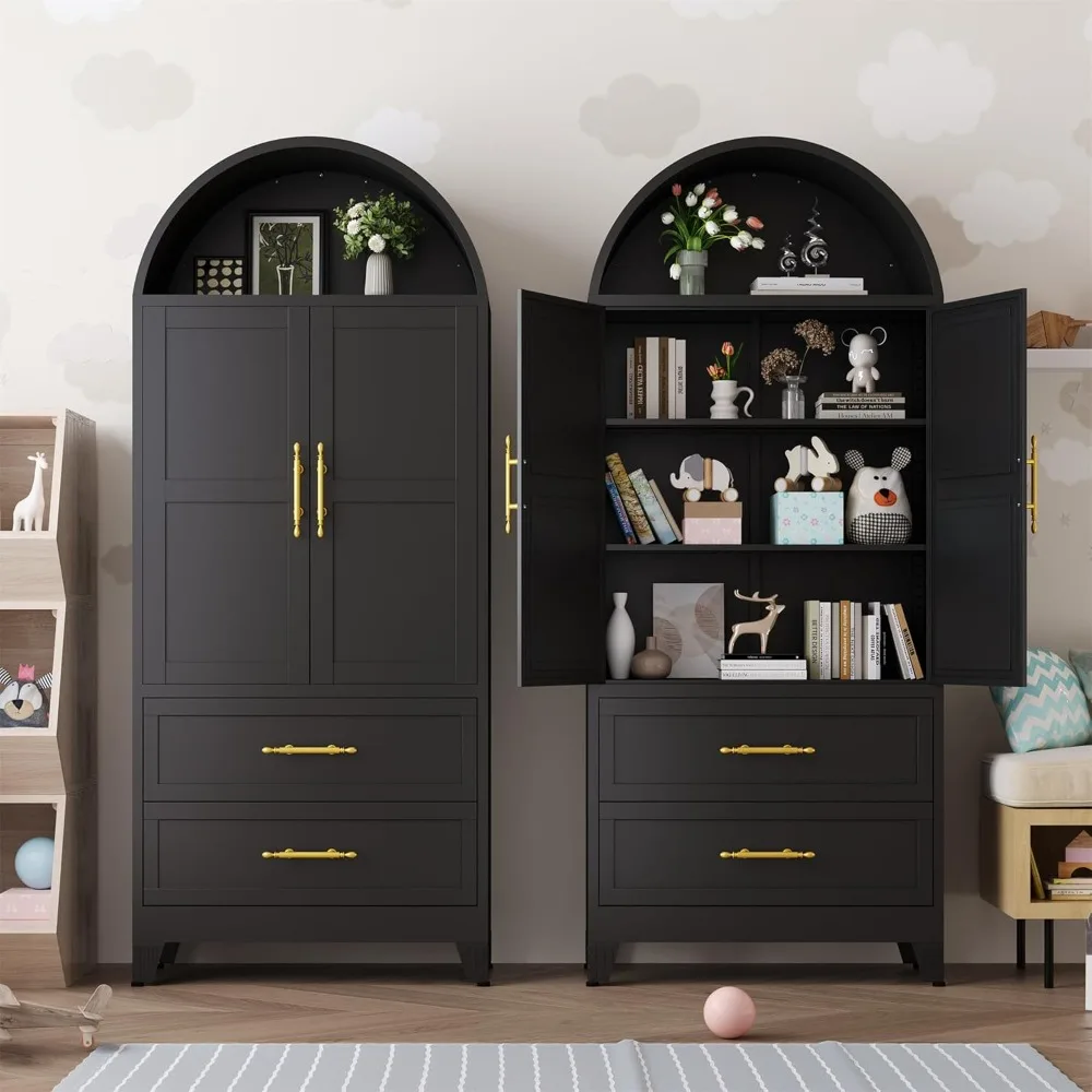 

73" H Metal Tall Arched Kitchen Pantry Cabinet, Modern Farmhouse China Storage Cabinets with 2Door and Adjustable Shelves, Versa