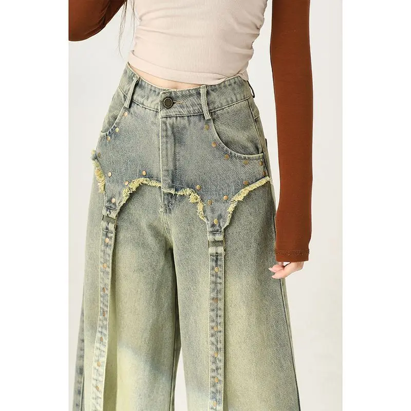 Vintage Washed Vintage Pear Shaped Wide Leg Jeans for Women Trendy Straight Leg High Street Pants