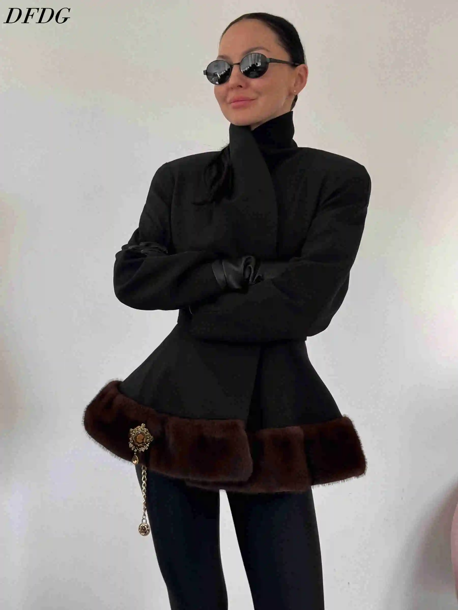 DFDG Women High Neck Fitted Peplum Short Coat Faux Fur Hem Trim Asymmetric Wrap Elegant Winter Warm Street Date Night Coat