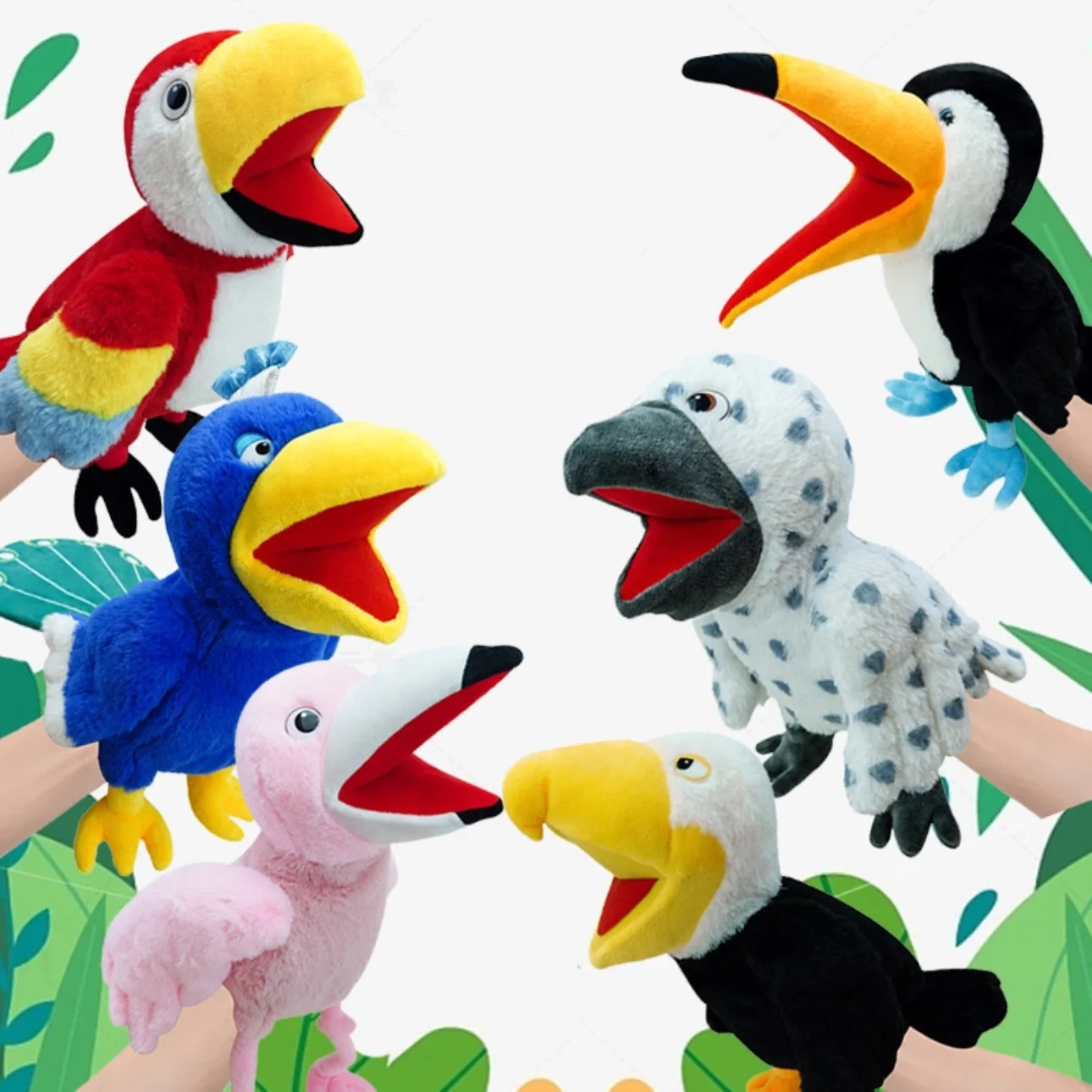 35cm Big baffed Bird Hand Puppet peluche interazione genitore-figlio Storytelling pappagallo pavone gufo bambole fenicottero per regalo per bambini