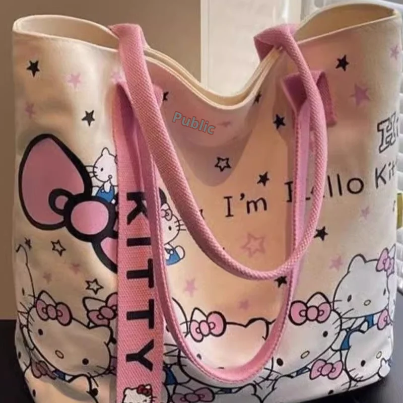 

Sanrio Hello Kitty Cartoon Canvas Bag Fashion Tote Purse for Women Cute Commuter Shoulder Bag Large Capacity Versatile Crossbody