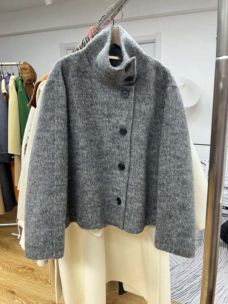 Cappotto di coniglio di lana Cashmere a doppia faccia da donna di fascia alta cappotto di pelliccia lungo monopetto da donna corto autunno inverno