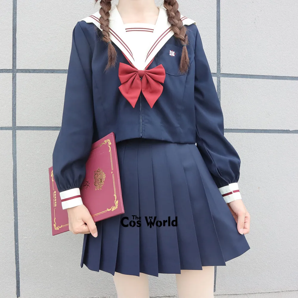 [Chuan Zhao Ling] Japanese Sweet Girl's Sailor Suit Long Sleeve Tops Skirts Navy Blue JK School Uniform Class Students Cloth