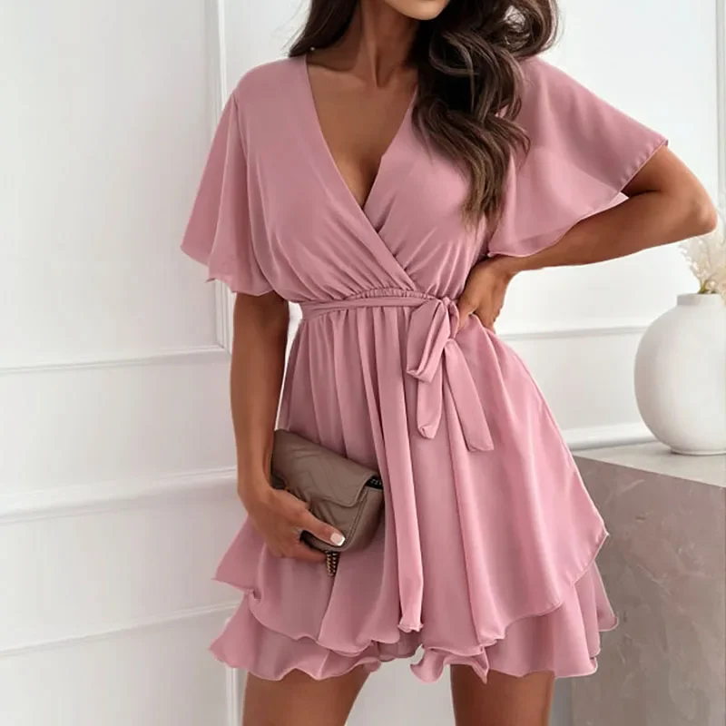 

Sexy V Neck Lace Up Waist Mini Dress New Women Elegant Summer Short Sleeved Solid Party Dress 2024 Fashion Pleated Ruffle Dress