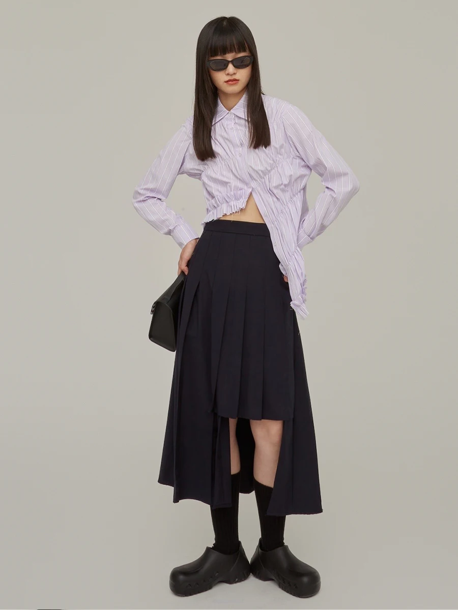 

Женская осенняя рубашка Studiotill8 с фиолетовыми полосками, асимметричным дизайном и сборками, в японском стиле, для колледжа, с коротким рукавом, приталенная