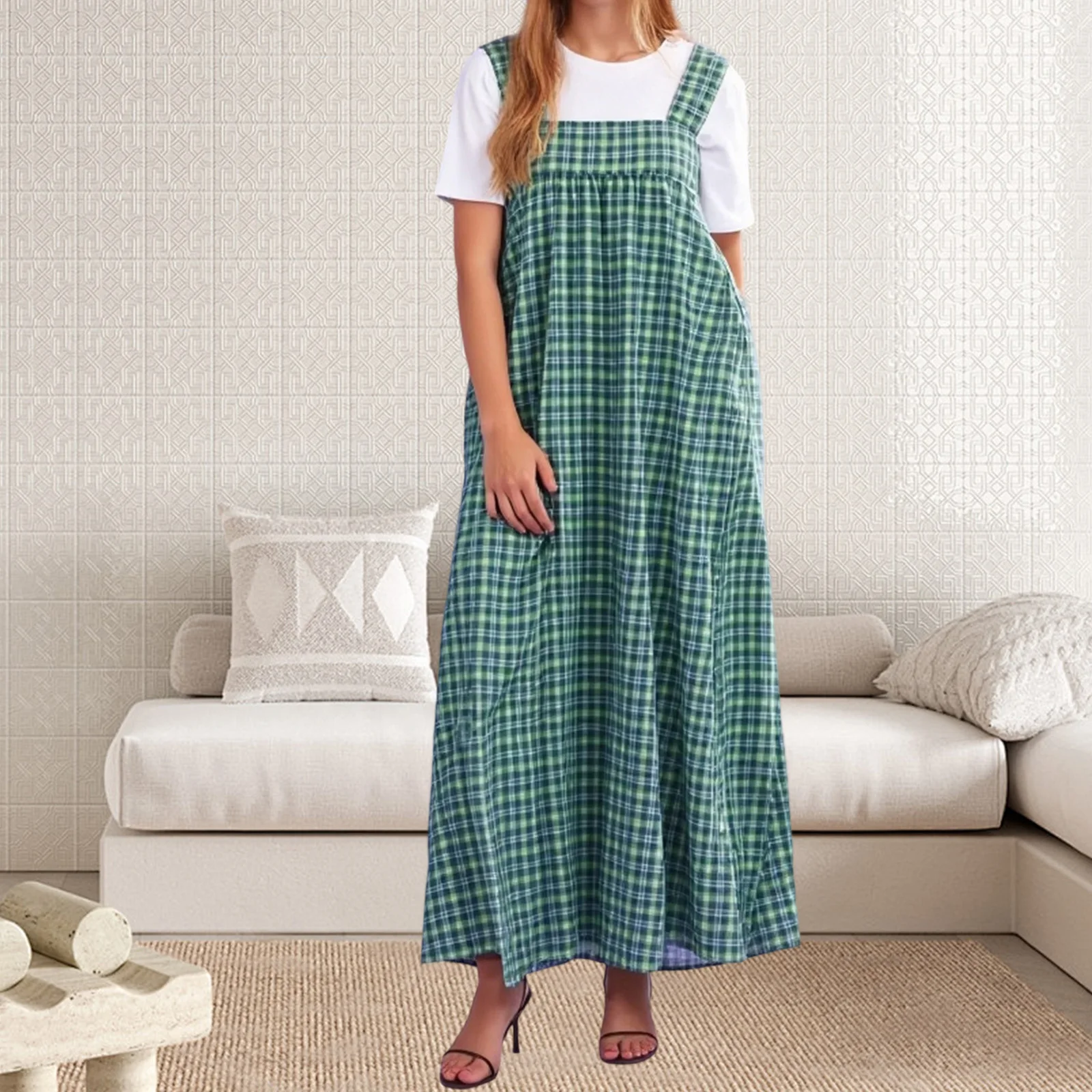 Vestido largo de verano para mujer, sin mangas, cuello cuadrado, tirantes anchos, vestido a cuadros