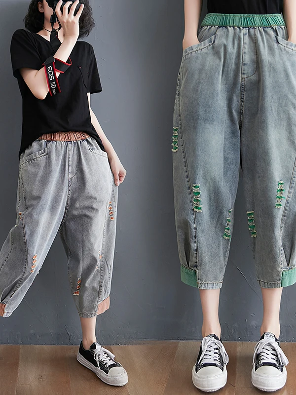 กางเกงยีนส์เอวสม็อคผู้หญิง ไซส์ใหญ่ สำหรับฤดูร้อน แบบเจาะรู สไตล์ลำลอง ฮาราจูกุ ทรงเจ็ดฟุต ช่วยให้ดูผอม