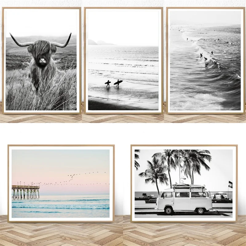 (No frame)Camper Van Beach Print Surf Art Boho Decor Retro Black and White California Ocean Poster and Prints Modern Living R
