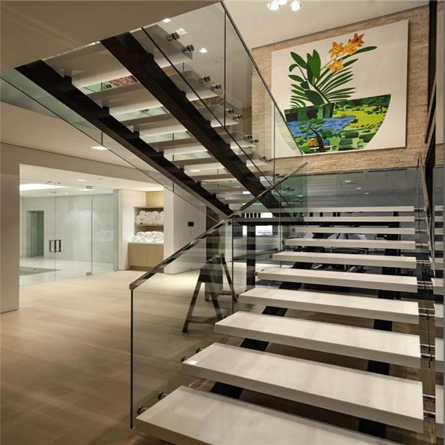 Tread floating straight staircase with bracket glass railing