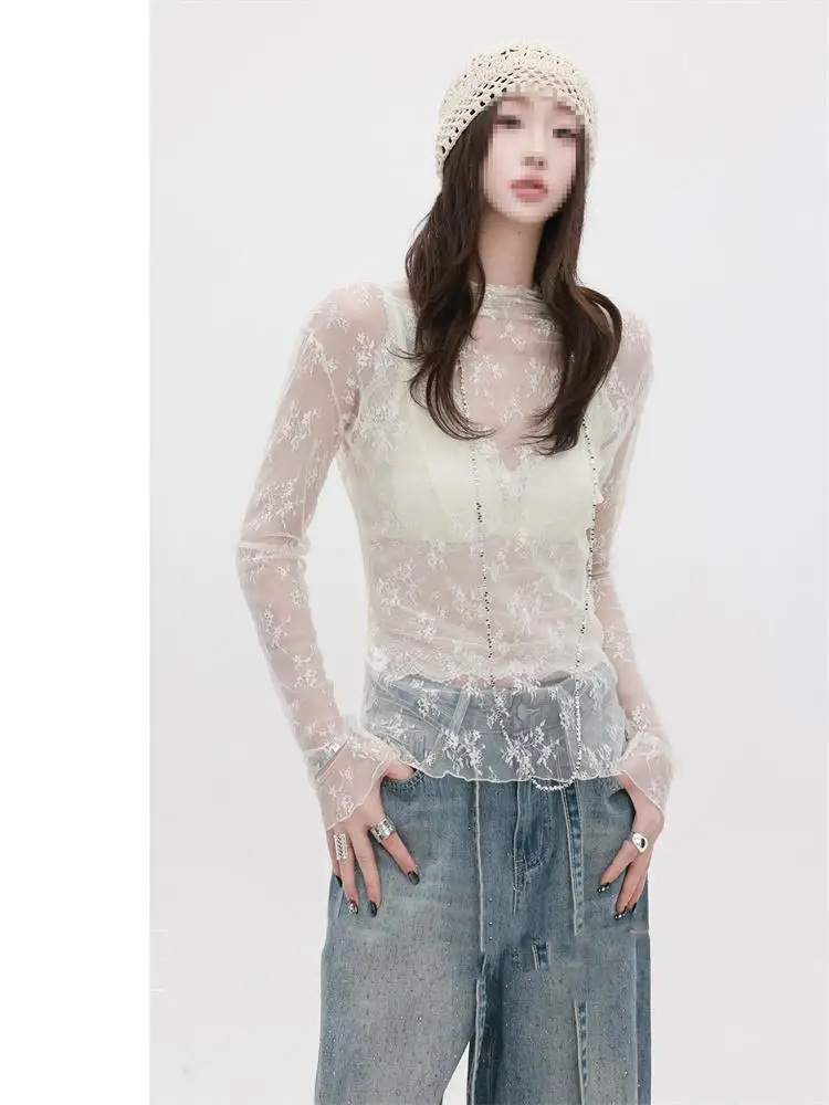 

Женская кружевная ажурная блузка с длинным рукавом, приталенная, весенняя новинка, в корейском стиле, для повседневной носки, как нижний слой одежды.
