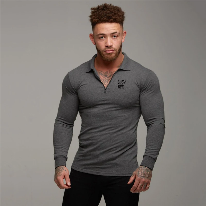 Men\'s Running Fitness Zippered Lapel Polo Shirts Autumn Cotton Long Sleeve Slim Fit Tees Gym Bodybuilding Workout Muscle Shirt