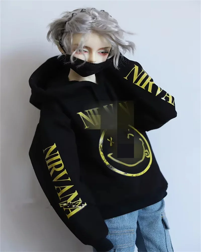 

BJD doll clothes fsuitable for 1/3 1/4 Uncle size black smiley face double sleeve monogrammed hoodie top doll accessories