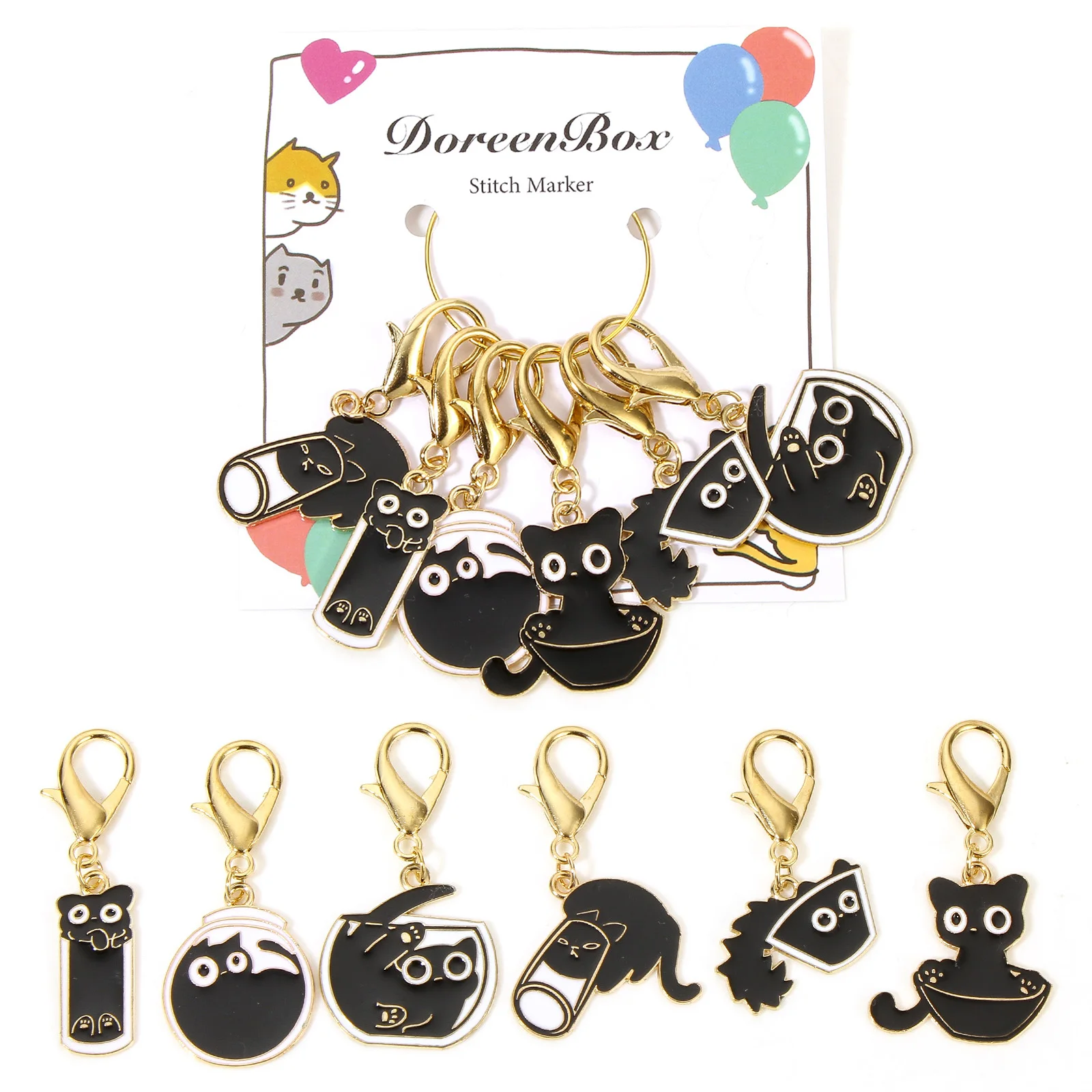 6 PCs/Set Knitting Stitch Markers Cat Gold Plated Black Enamel Sewing DIY Supplies With Lobster Claw Clasp 4.8cm x 2.6cm