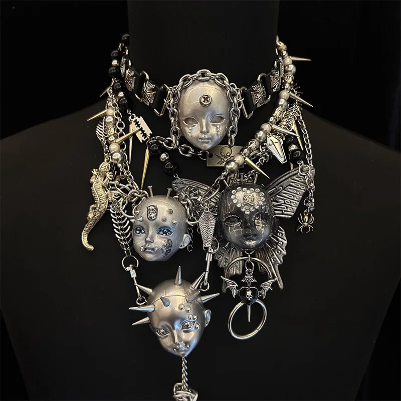 Punk Gothic Doll Head Necklace For Men And Women, Copper Alloy Carnival Jewelry Accessory Gift