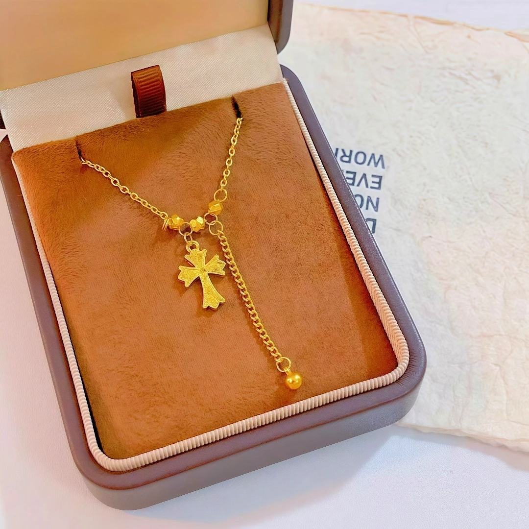 New Fashion Women's AU999 24K Gold Necklace, Vintage Crushed Ice Cross Tassel & Laser Bead, High-End Jewelry Gift