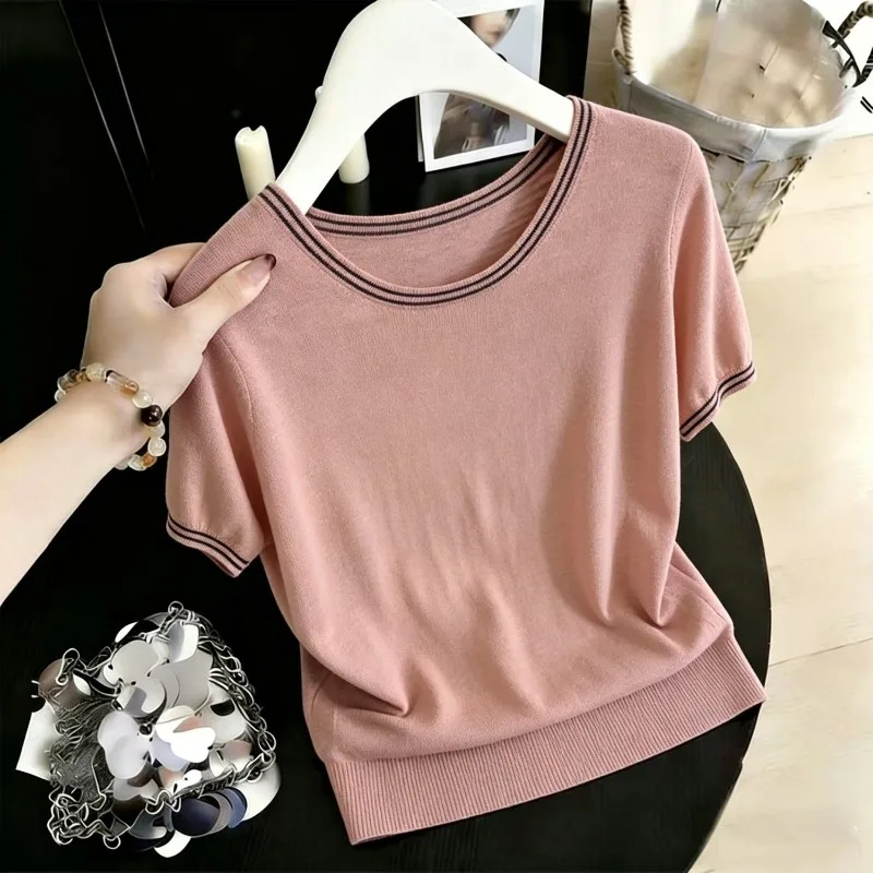 Women Striped Crew Neck Knit T Shirt Short Sleeve Solid Color Slim Casual Summer Knitted Tops