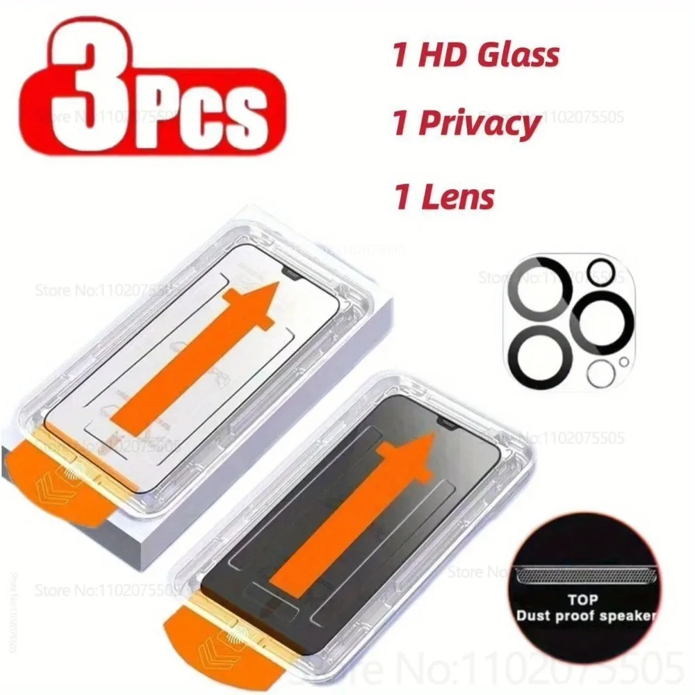 

[3-IN-1]1Pcs HD Tempered Glass+1Pcs Privacy Films+1Pcs Lens Protector for IPhone 16 Promax 11 13 Promax 12Mini 15 Plus 14 Promax