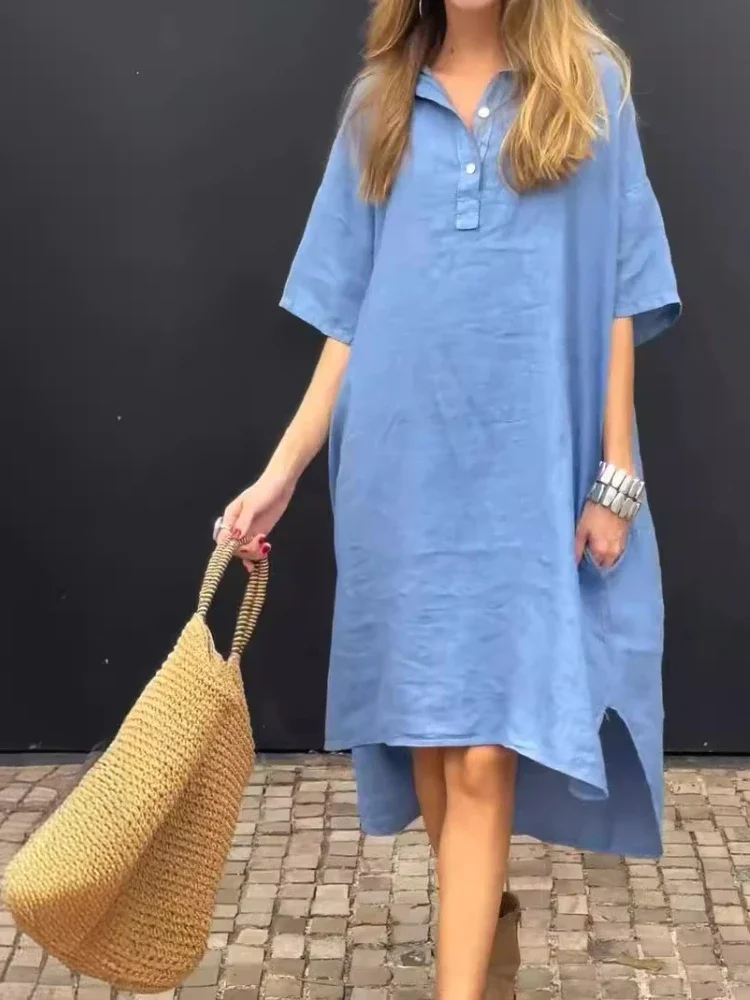 2024 ฤดูร้อนแฟชั่นผู้หญิงผ้าฝ้ายและกัญชาElegantความยาวกลางชุดพลิกคอครึ่งเปิดสบายๆหลวมชุดสตรี