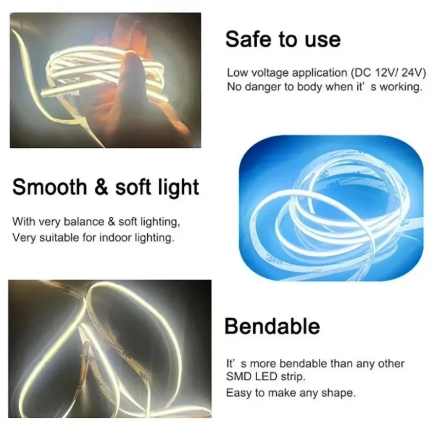 COB LED Strip DC 12V 24V 320Leds/M High Density RA90 White Pink Yellow Ice Blue Red Green Flexible Ribbon Rope LED Light