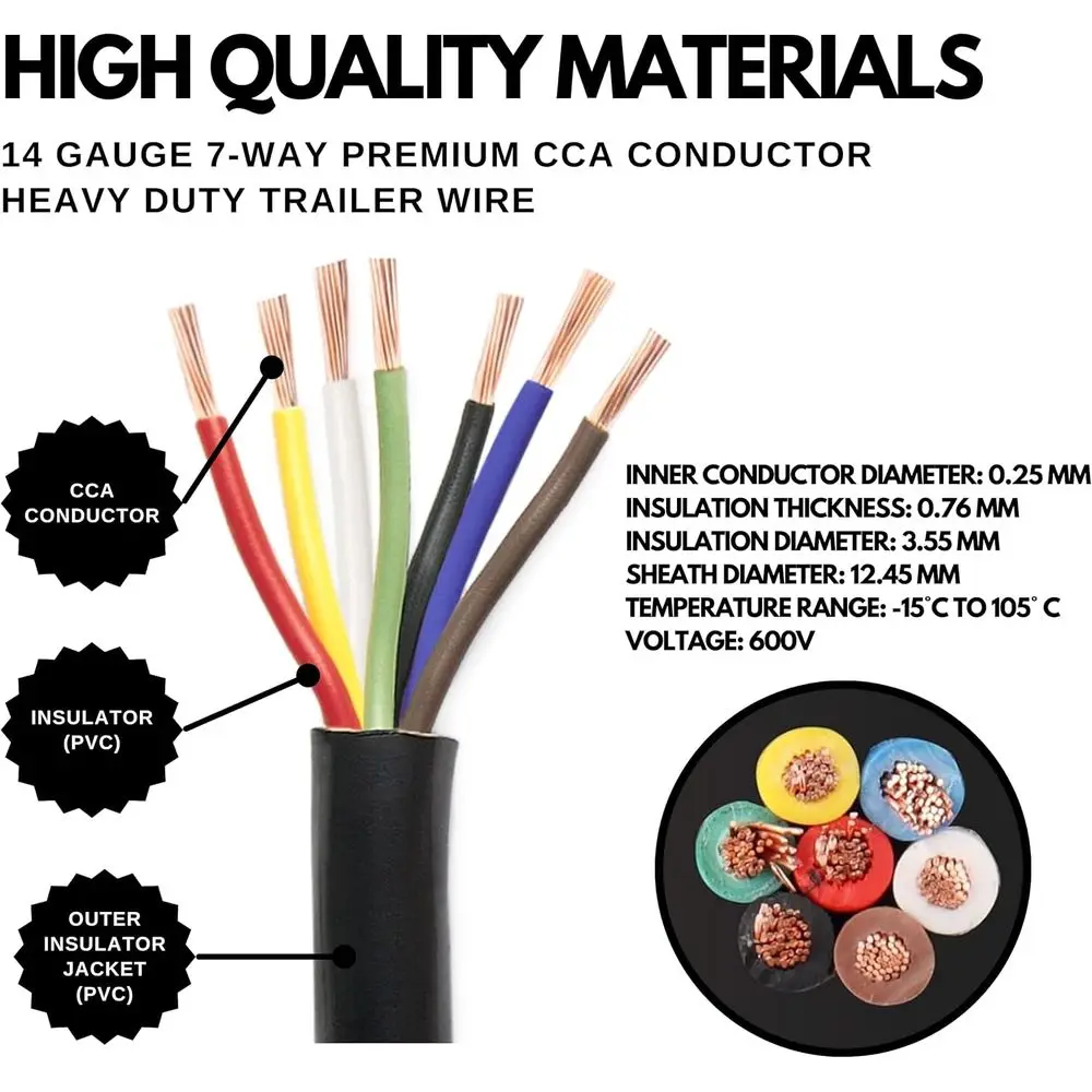 Kabel Trailer RV Kawat Konduktor CCA 7 Jalur 14 Gauge Heavy Duty, Konduktor Aluminium Berlapis Tembaga Terisolasi, Warna C