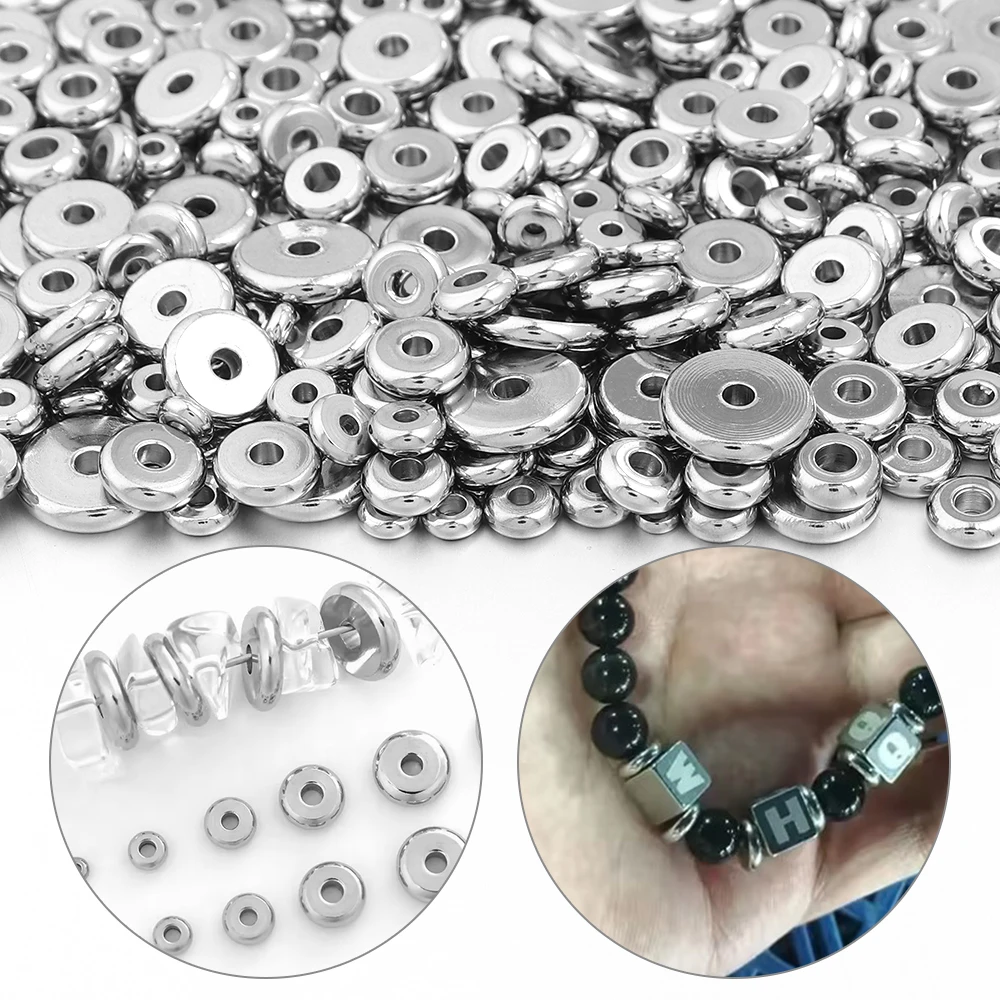 50pcs/lot Stainless Steel Flat Round Beads Metal Loose Wheel Spacer Bead For Necklace Bracelet DIY Jewelry Making Supplies