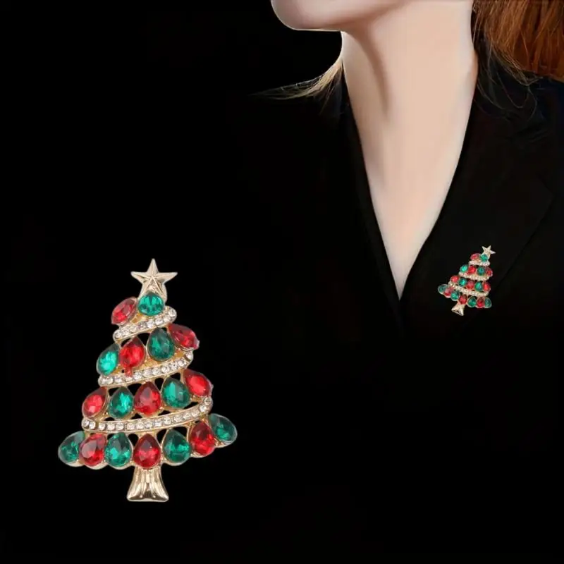 Luxury Sparkling Tree Brooch Rhinestone Inlaid Gold Tone Alloy Lapel Pin High-end Holiday Jewelry for Prom Wedding Guest Wear